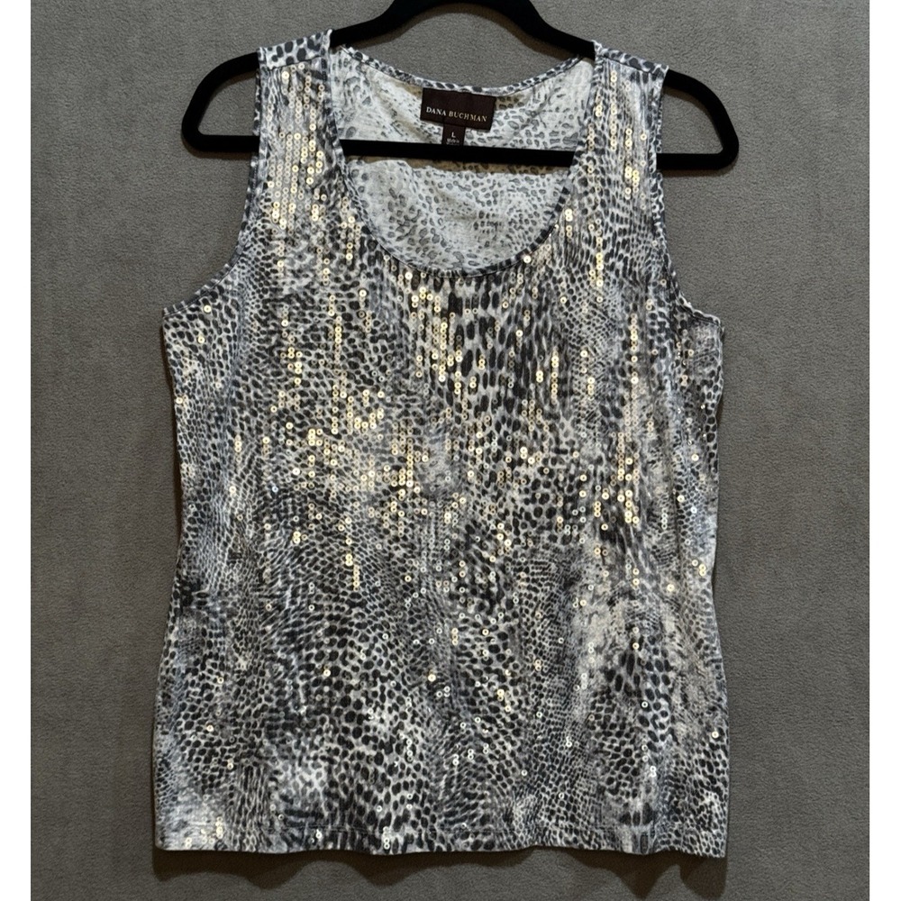 Dana Buchman Womens Sequin Animal Print Tank Top Grey Black Scoop Neck Large